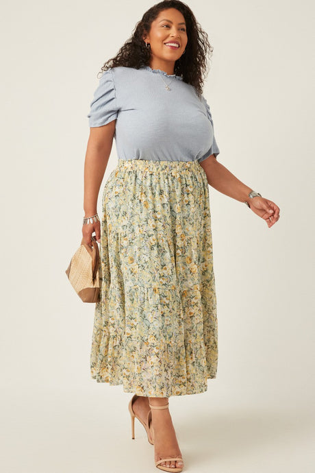 Plus Chiffon Floral Midi Skirt Style 5928 in Mint