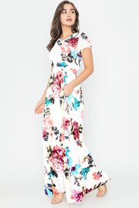 Ivory Floral Short Sleeve Maxi Dress 1436