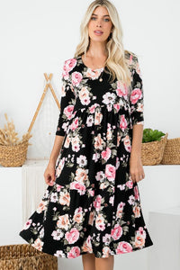 Plus Tiered Midi Dress Style 286 in Black Floral