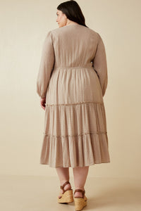Plus Smocked Bodice Midi Dress Style 5181W in Stone