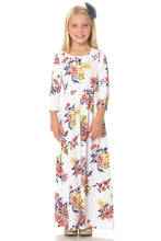 Girls 3/4 Length Sleeve maxi Dress 5004 in Ivory Floral and Black Floral