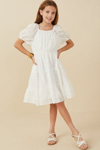Girls Embroidered Puff Sleeve Dress Style 8065 in Off White
