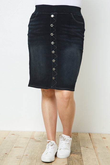 Plus Button Denim Skirt Style 77803X in Black