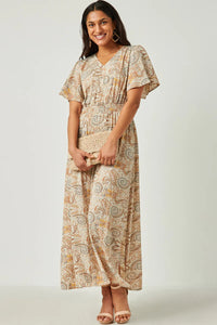 Paisley Print Flutter Sleeve Maxi Dress Style 5558 in Taupe