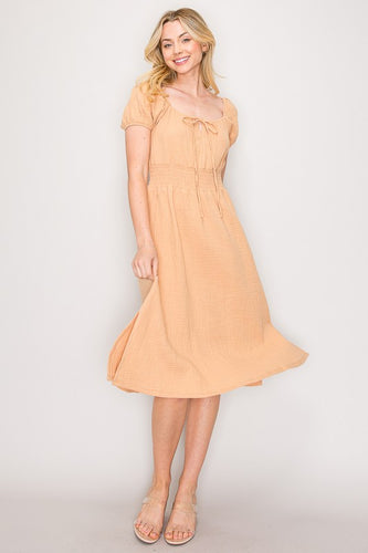 Bubble Sleeve Midi Dress 0009 in Natural