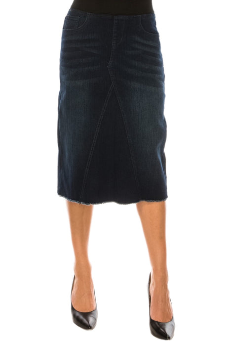 Mid Length Denim Skirt Style with Elastic Waist  79060 in Dark Indigo