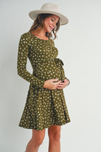 2502 Floral Maternity Skate Dress with Belt in Olive