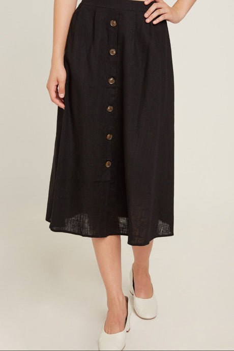 Button Down Linen Blend Midi Skirt Style 6509 in Black