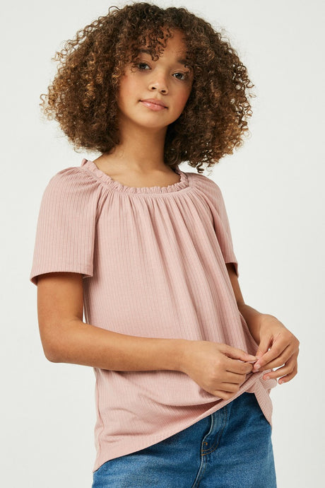 Girl's Ribbed Knit Top With Wide Neck in Mauve Style 3221
