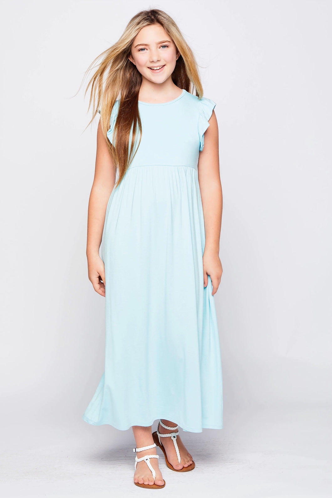 Kids Solid Ruffle Maxi Dress in Aqua Style 3974