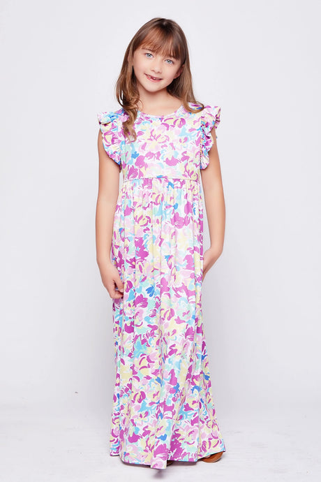 Kids Solid Ruffle Maxi Dress in Green/Yellow/Orange Style 3974
