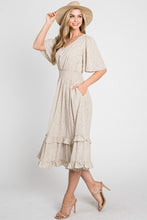V-Neck Midi Dress with 3/4 Sleeve in Beige Style 4104