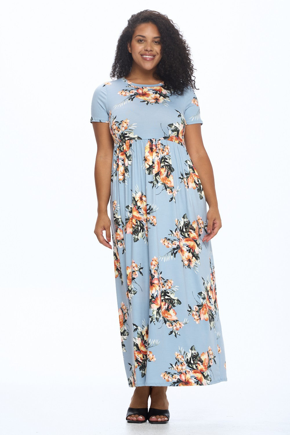 Plus Floral Short Sleeve Maxi Dress in Blue Floral Style 2045X