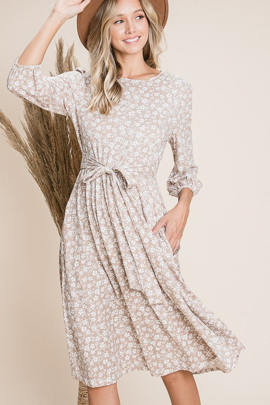 Plus Floral Midi Dress Style 5094X in Taupe