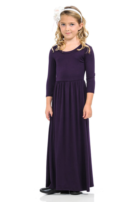 Girls 3/4 Sleeve Maxi Dress 5004 in Eggplant