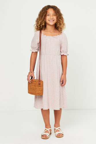 Girls Smocked Textured Checkered Dress in Mauve - 4479