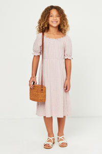 Girls Smocked Textured Checkered Dress in Mauve - 4479