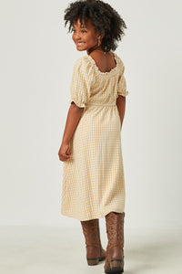 Girls Smocked Textured Checkered Dress in Yellow - 4479