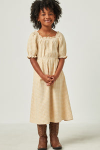 Girls Smocked Textured Checkered Dress in Yellow - 4479