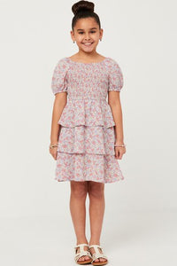 Girl's Ditsy Floral Ruffle Smocked Puff Sleeve Dress Style 4662