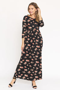 Black Floral 3/4 Sleeve Maxi Dress 1572