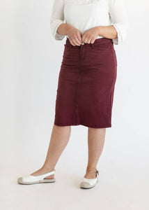 Plus Remi Denim Midi Skirt in Burgundy