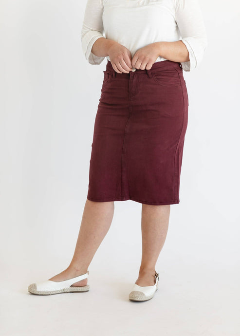 Plus Remi Denim Midi Skirt in Burgundy