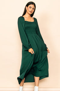 Dull Satin Smocked Dress in Hunter Green Style 1122