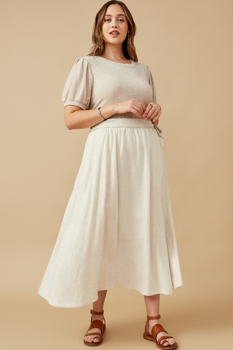 Plus Side Tie Linen Midi Skirt 6601 Oatmeal