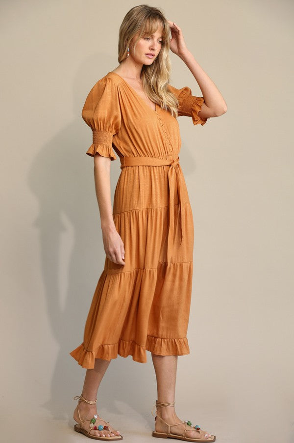 Button Down Tiered Midi Dress Style 2097 in Clay