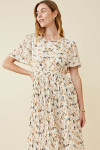 Soft Floral Pleated Skirt Short Sleeve Dress 6909 -Off White