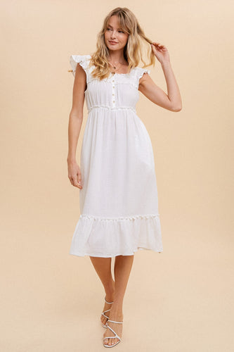 3055 Smocked Yoke Tiered Midi Dress in White