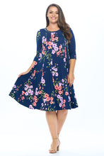 Plus A-Line Trapeze Midi Dress Floral in Navy Floral Style 1011X