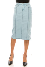 Stretch Denim Calf Length Pencil Skirt in Light Indigo Style 77105