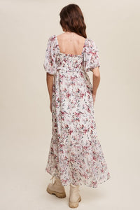 Smocked Top Tie Floral Print Chiffon Maxi Dress 1217