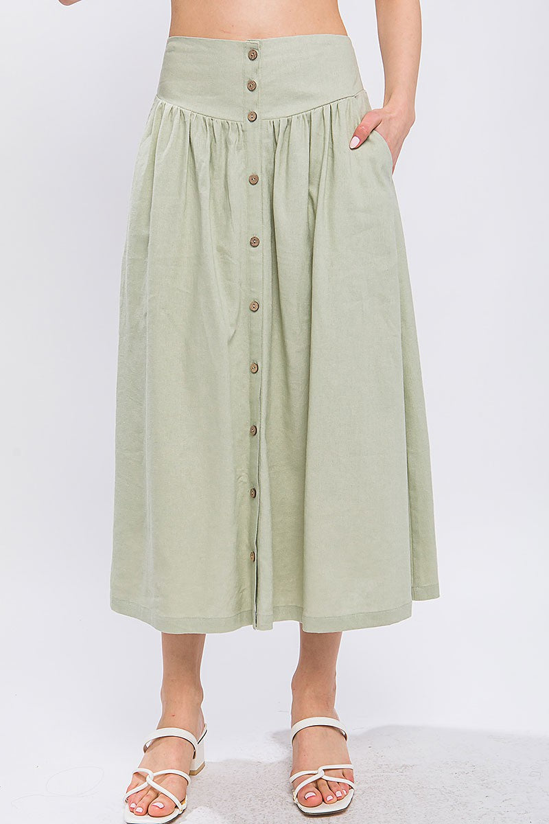 Drop Yoke Button Front Maxi Skirt in Celery Style 2372