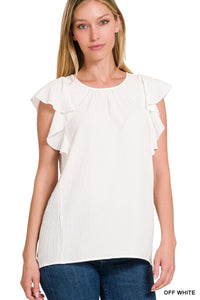 Woven Bubble Airflow Flutter Sleeve Top in Off White Style 1318