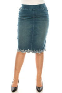 Denim Skirt with Lace Accent 79039X in Vintage Wash