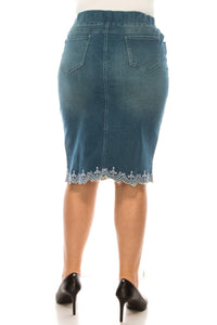 Denim Skirt with Lace Accent 79039X in Vintage Wash
