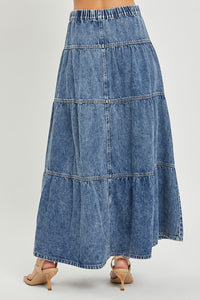 High Rise Tiered Long Denim Skirt 6128