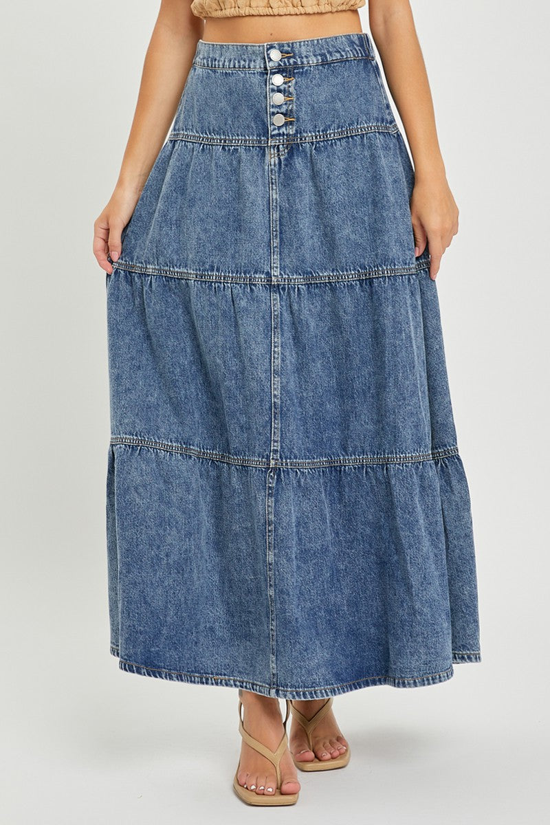 High Rise Tiered Long Denim Skirt 6128 – Skirtz & Co