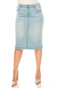 Plus Faded Denim Pencil Skirt Style 77239 in Light Indigo Wash