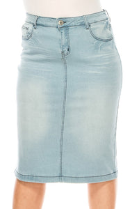 Plus Faded Denim Pencil Skirt Style 77239 in Light Indigo Wash