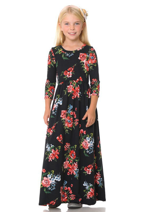 Girls 3/4 Length Sleeve maxi Dress 5004 in Ivory Floral and Black Floral