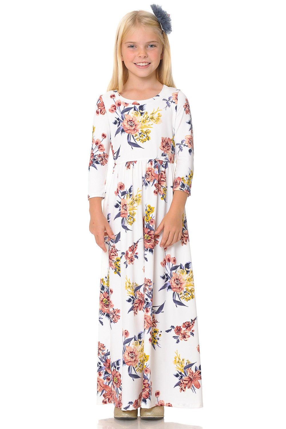 Girls 3/4 Length Sleeve maxi Dress 5004 in Ivory Floral