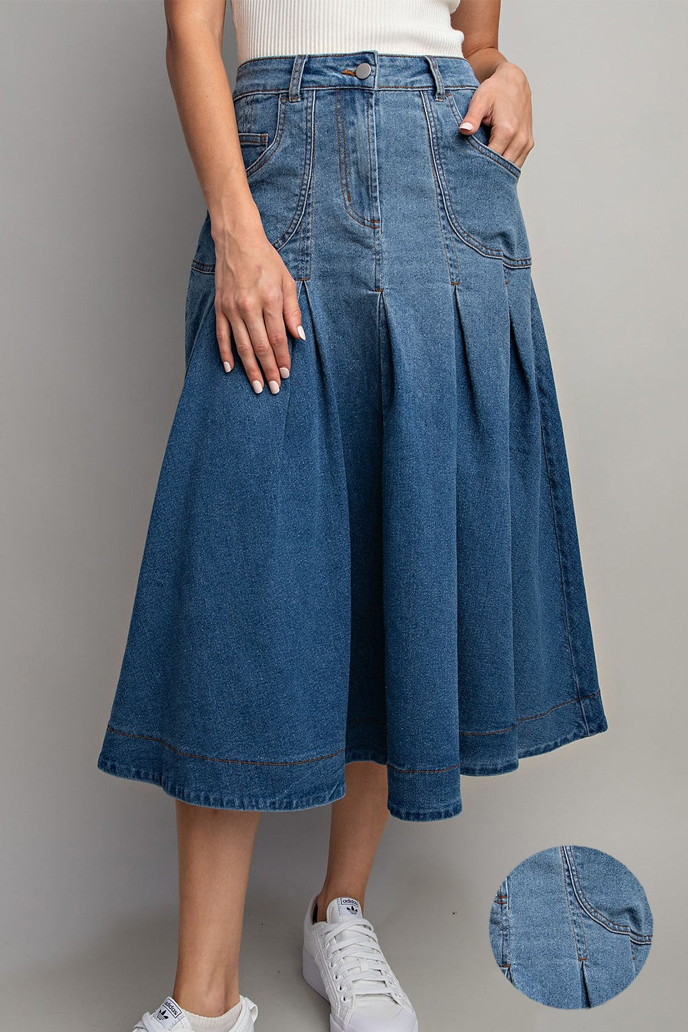 Pleated Denim Midi Skirt 9609