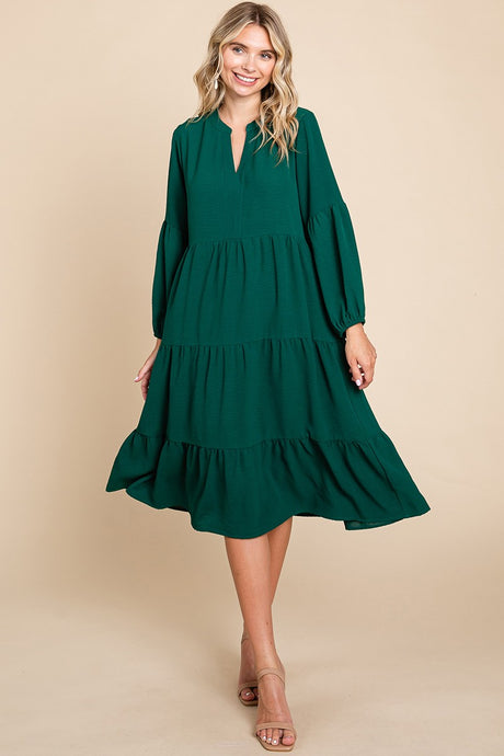 Tiered V Neck Long Sleeve Ruffle Hem Midi Dress Style 1027