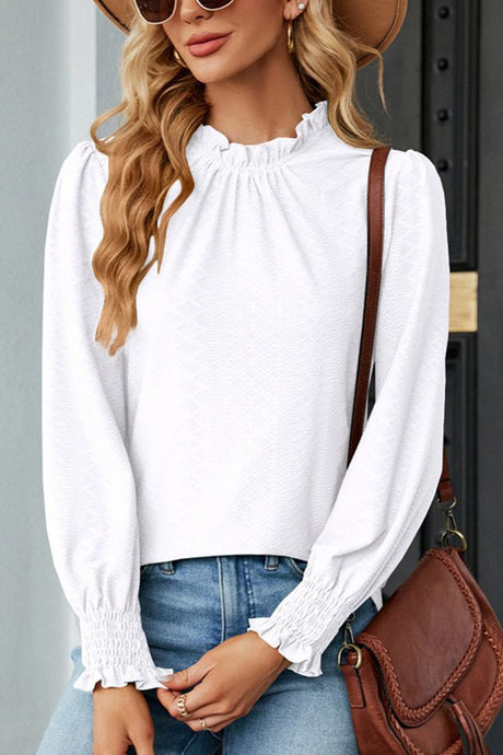 Long Sleeve High Neck Ruffle Blouse 0195 in White or Black