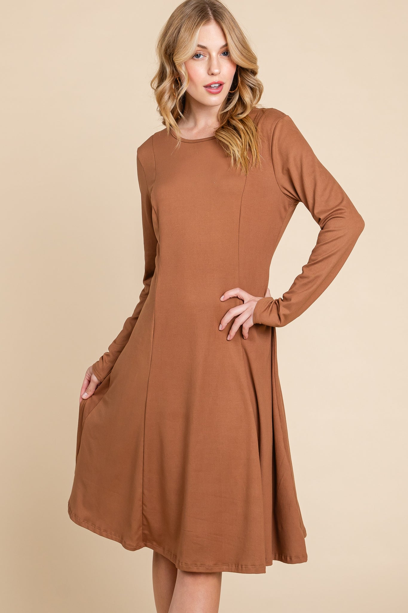 camel long sleeve dress Camel Turtleneck Long Sleeve Maxi Dress