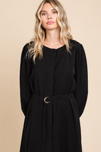 Belted Button Down Crew Neck Pleated Midi Dress Style 1136